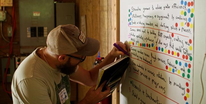 Cooperator adding text to a collaborative planning poster