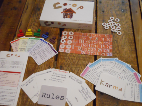 Pictured: game components of "Co-op" (available from The Gamecrafter, LLC)